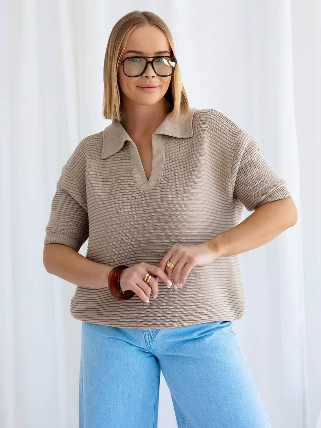 Moteriškas polo tipo megztinis trumpomis rankovėmis - Image 9